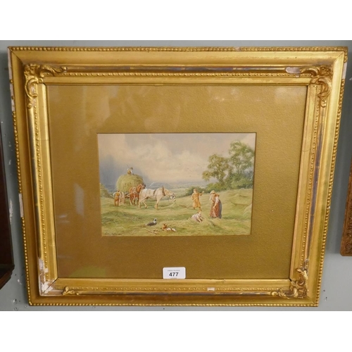 477 - Watercolour hay making scene signed Vernon Foster - Approx image size: 25cm x 17cm