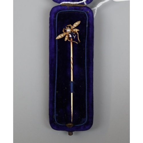 51 - Gold pearl and sapphire stick pin in form of insect