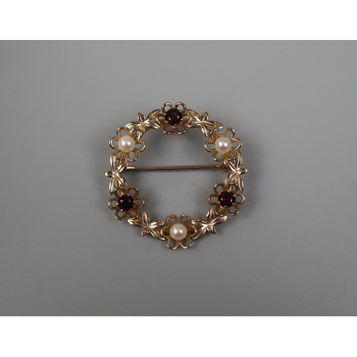 75 - 9ct gold ruby and seed pearl brooch