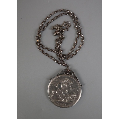 97 - Silver mount on silver chain together with a 1951 Festival of Britain Crown