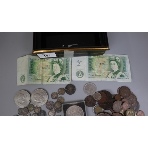 101 - Collection of coins and bank notes to include silver
