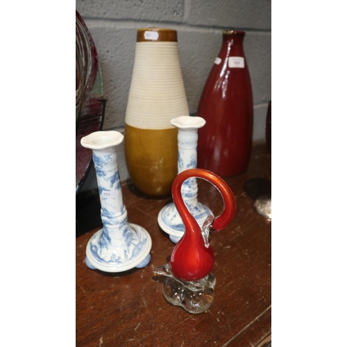 151 - Collectables to include Murano glass and a pair of Oxford England blue and white candlesticks