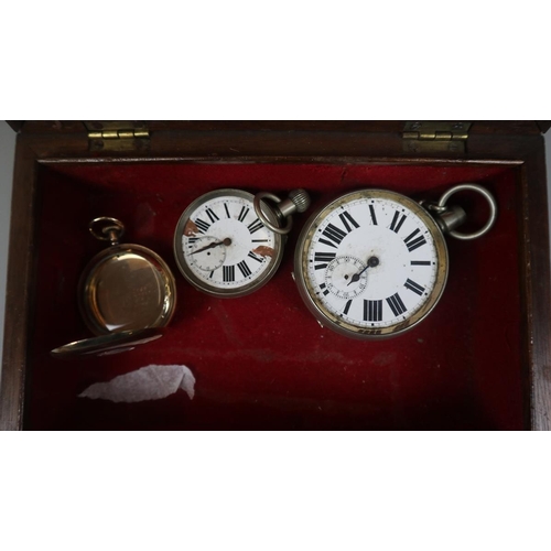 92 - Walnut jewellery box containing 2 pocket watches and gold plated watch case