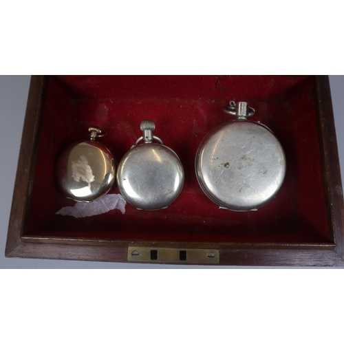 92 - Walnut jewellery box containing 2 pocket watches and gold plated watch case