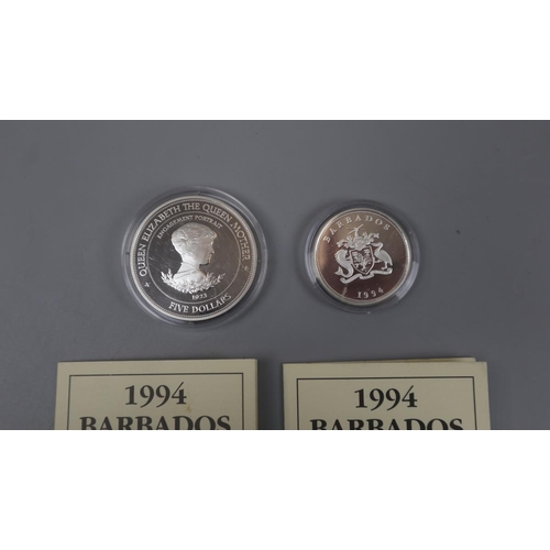 117 - 2 silver proof coins 1994 Barbados Lady of the Century $1 & $5 both with C.O.A