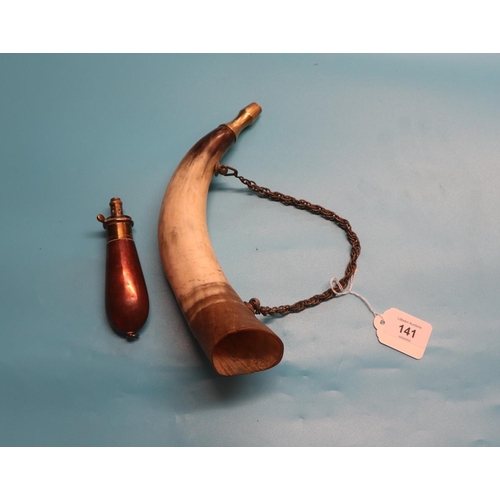 141 - Copper powder flask and a horn