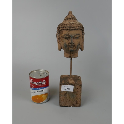 273 - Stone Buddha head on plinth - Approx H: 30cm