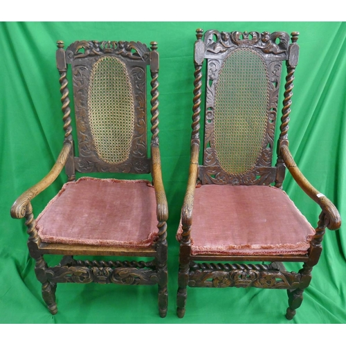 383 - 2 carved barley-twist bergere armchairs