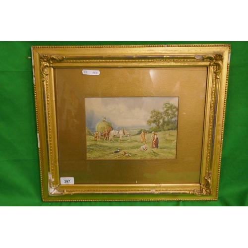 397 - Watercolour hay making scene signed Vernon Foster - Approx image size: 25cm x 17cm