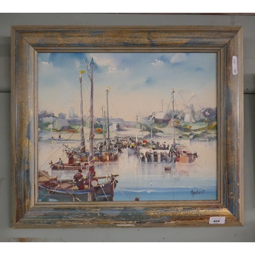 404 - Jorge Aquilar Agon - signed oil on canvas of Fishing Harbour - Approx IS: 44cm x 39cm