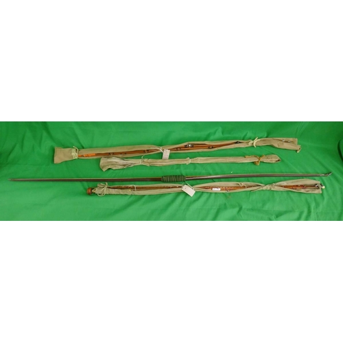 485 - 3 vintage fishing rods to include Army & Navy together with a wooden bow A/F