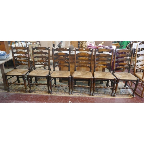 498 - Set of 6 antique ladder back rush seated chairs