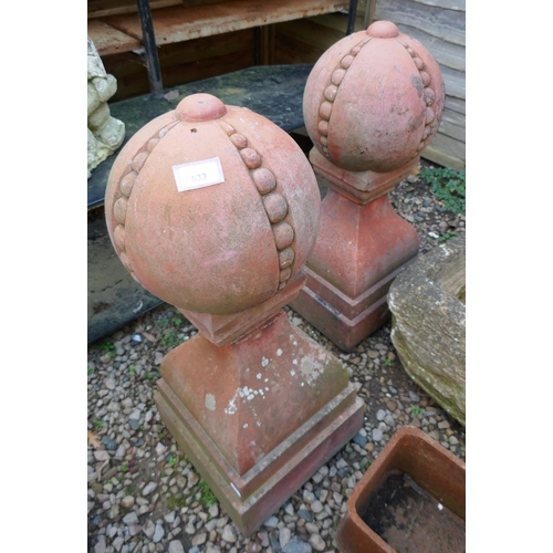 533 - Pair of terracotta orb finials - Approx height: 71cm