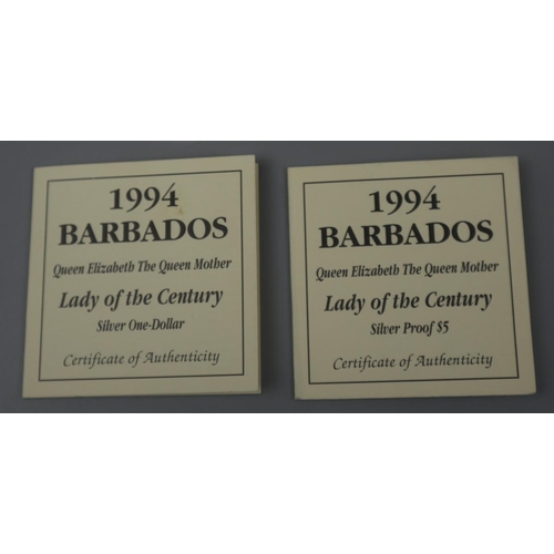 117 - 2 silver proof coins 1994 Barbados Lady of the Century $1 & $5 both with C.O.A