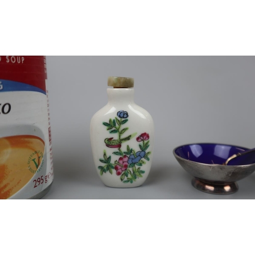 131 - Chinese snuff bottle with jade stopper together with a pair of enamel salts