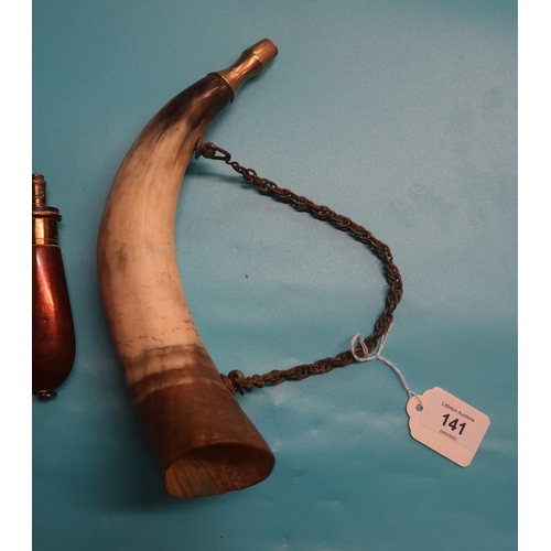 141 - Copper powder flask and a horn