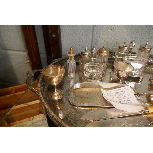 185 - Silver plate condiment sets, Regent coffee pot, water jugs etc