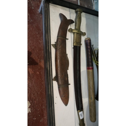 204 - Collectables to include copper bugle, brass sword, vintage rounders bat & Indian knife & for... 