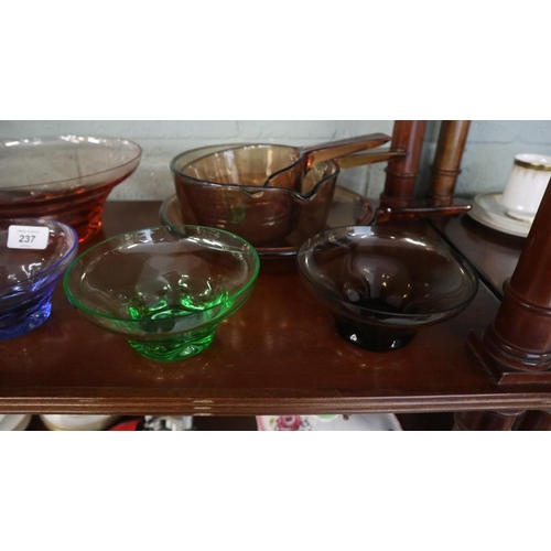 237 - 4 coloured glass bowls together with glass saucepans