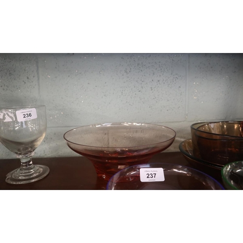 237 - 4 coloured glass bowls together with glass saucepans