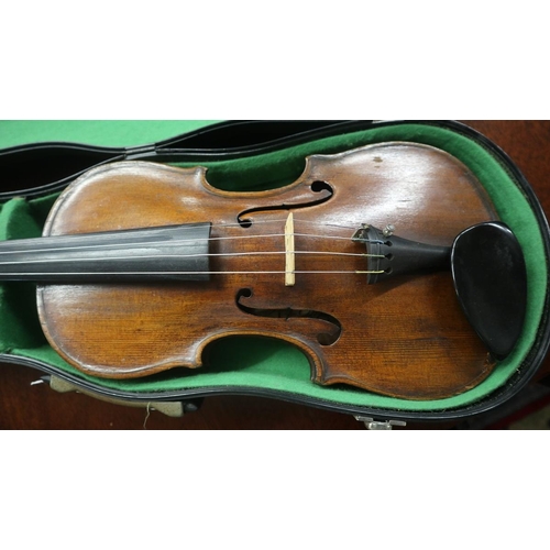 348 - Adult full size violin - label inside together with a French bow