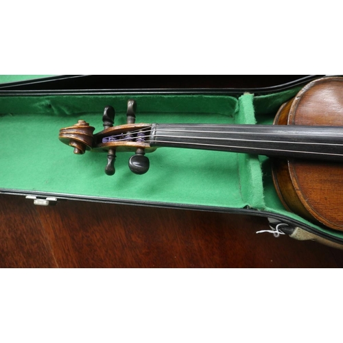 348 - Adult full size violin - label inside together with a French bow