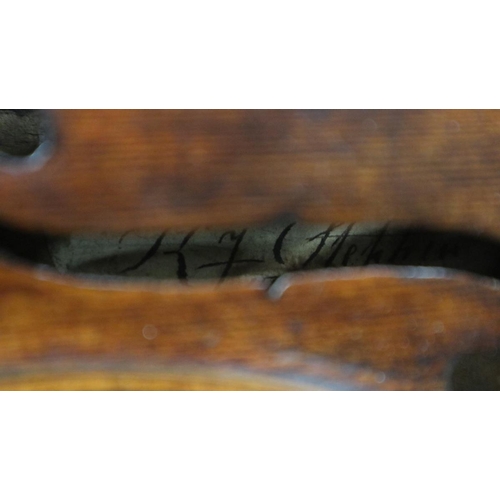 348 - Adult full size violin - label inside together with a French bow