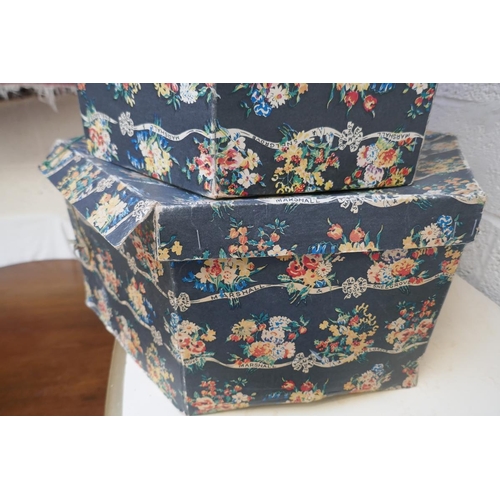 463 - 3 graduated ladies hat boxes containing hats, fur stoles and handkerchiefs (some silk)