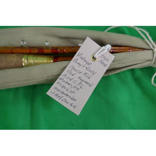 485 - 3 vintage fishing rods to include Army & Navy together with a wooden bow A/F