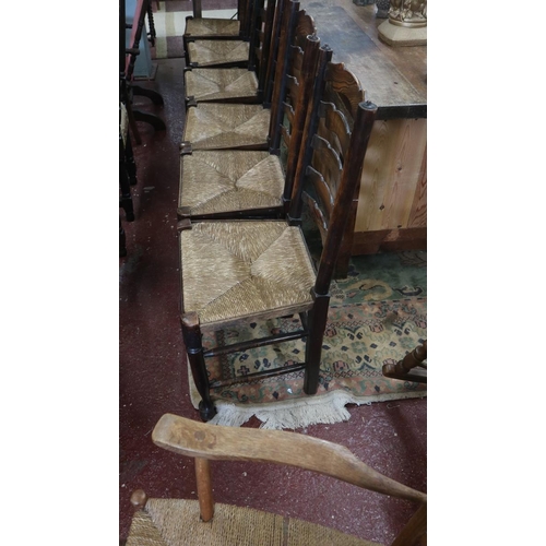 498 - Set of 6 antique ladder back rush seated chairs