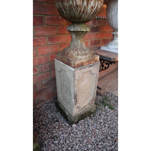 538 - Pair of Victorian cast iron planters on stone plinths - Approx height: 127cm