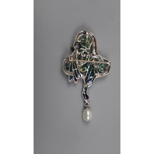 67 - Silver & Plique-à-jour pearl drop brooch / pendent