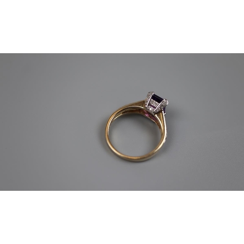 72 - 9ct gold amethyst and diamond set ring - Size: M