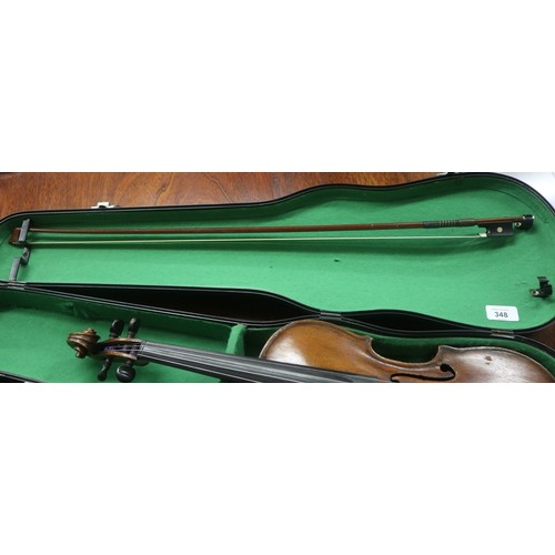 348 - Adult full size violin - label inside together with a French bow