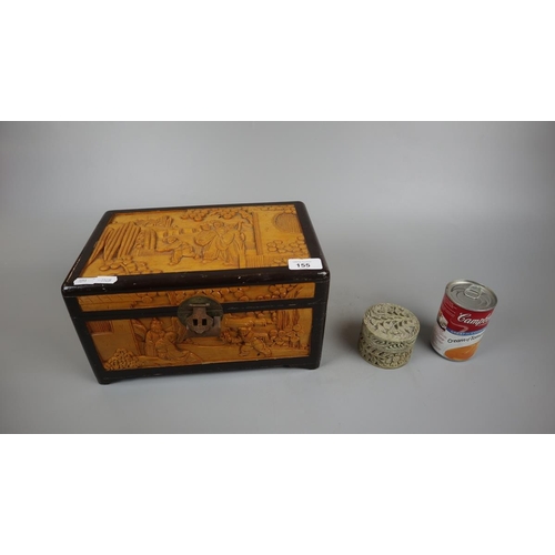 155 - Carved Oriental style wooden box together with a carved soap stone lidded pot