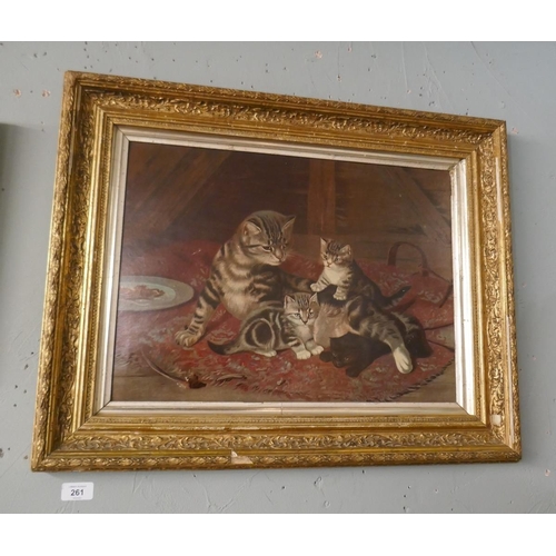 261 - Picture in gilt frame - Mother Cat and Kittens in Attic