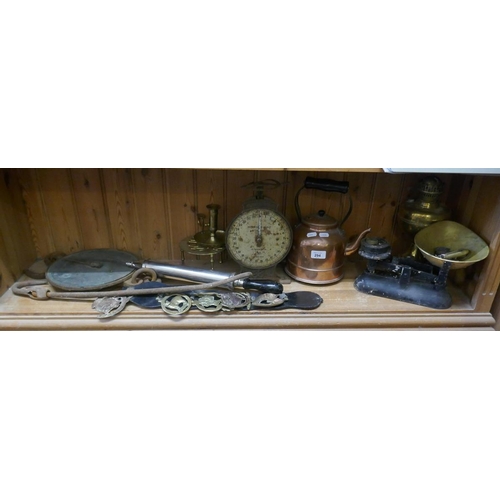 294 - Collection of metalware to include scales and copper kettle