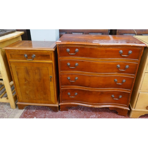 344 - Yew wood serpentine front chest of drawers together with bedside cabinet 