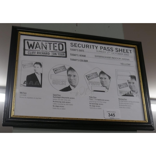 345 - Original security pass sheet from dressing room door signed by Cliff Richard from Wanted tour 2002