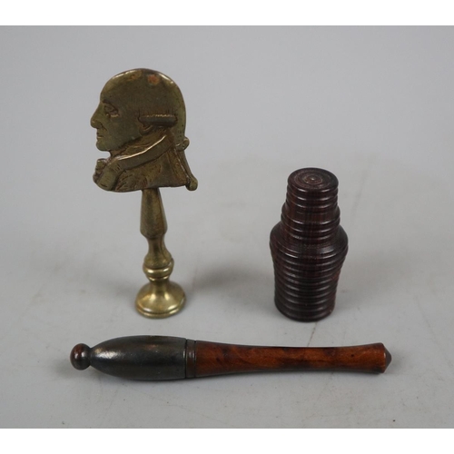 81 - Collection of Georgian Bijouterie to include fruitwood bobbin, 7cm; a turned fruit wood miniature bo... 