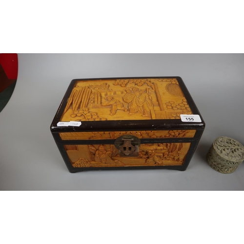 155 - Carved Oriental style wooden box together with a carved soap stone lidded pot