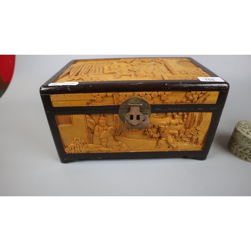 155 - Carved Oriental style wooden box together with a carved soap stone lidded pot