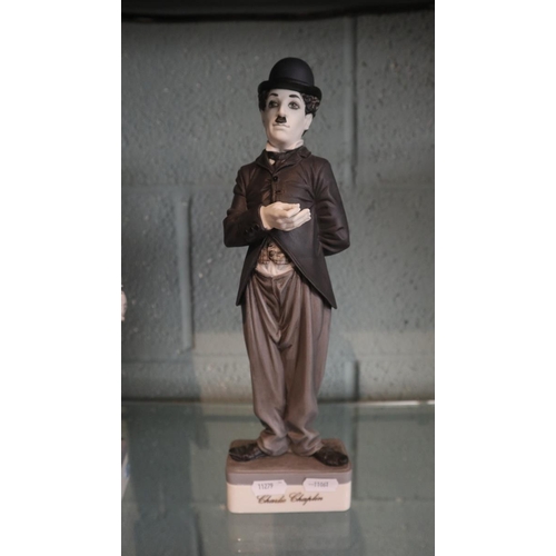 160 - Porcelain figurines - Laurel and Hardy and Charlie Chaplin A/F - Approx height of tallest 35cm