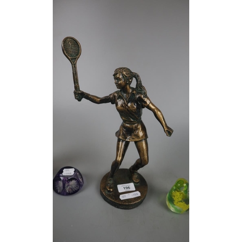 196 - Resin figure of a girl badminton player together with 2 paperweights - Avondale