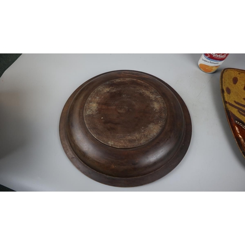 202 - Studio pottery plate together with carved wooden bowl