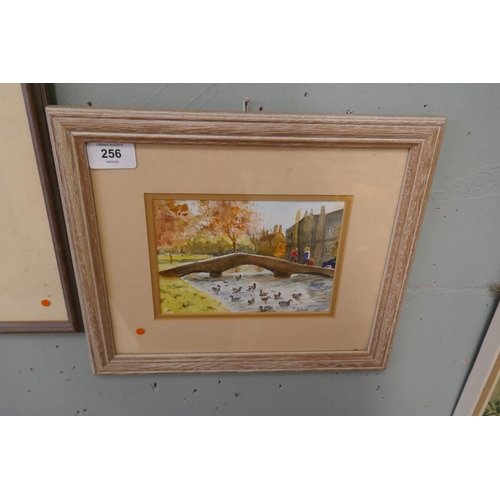 256 - Watercolour of Bourton-on-the-Water signed A Tooke together with a signed sketch of man