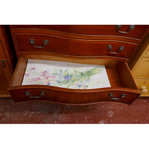 344 - Yew wood serpentine front chest of drawers together with bedside cabinet 