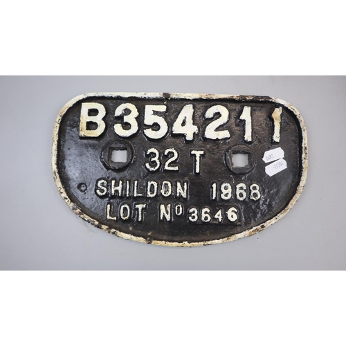 112 - Railway - Original cast iron Shildon wagon plate