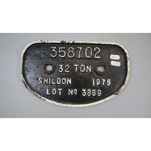 114 - Railway - Original cast iron Shildon wagon plate