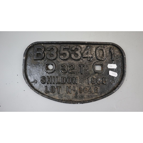 117 - Railway - Original cast iron Shildon wagon plate